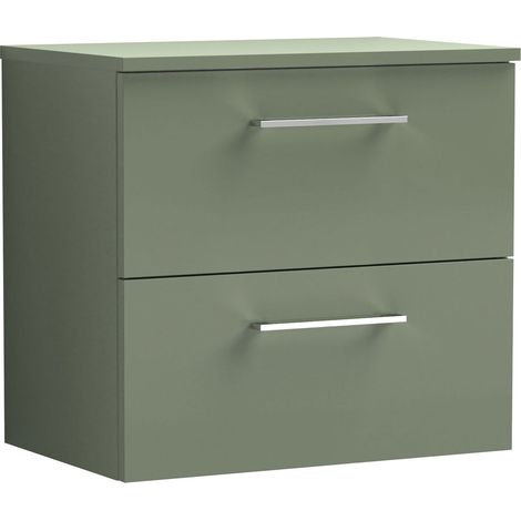 Nuie Arno Satin Green 600mm Wall Hung 2 Drawer Vanity Unit with Worktop - ARN824W (1/5)