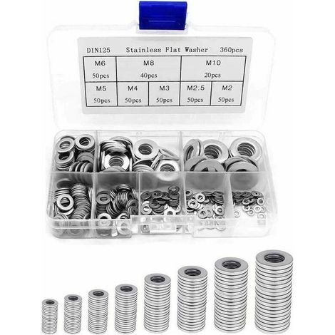 360PCS Rondelles Plates en 304 Acier Inoxydable Assortiment, Rondelles metal, Joint vidange, Rondelles gonds de porte, Rondelles assortiment de lave-mains (M2 M2.5 M3 M4 M5 M6 M8 M10) (1/5)