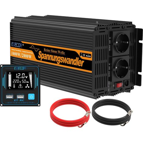 convertisseur 12v 220v Pur Sinus 1000w 2X USB télécommande écran LCD transformateur Pure Sinus Onduleur 12v 230v (1000w télécommande) (1/5)