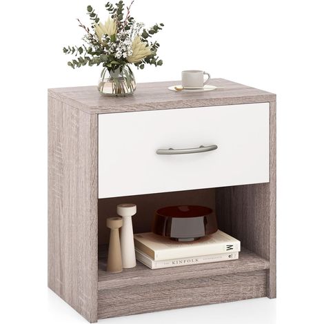 COSTWAY Comodino 38,5 x 28 x 40,5cm in Legno, Tavolino Salvaspazio con Scomparto Aperto e Casseto per Soggiorno e Camera da Letto (Naturale Chiaro+Bianco)