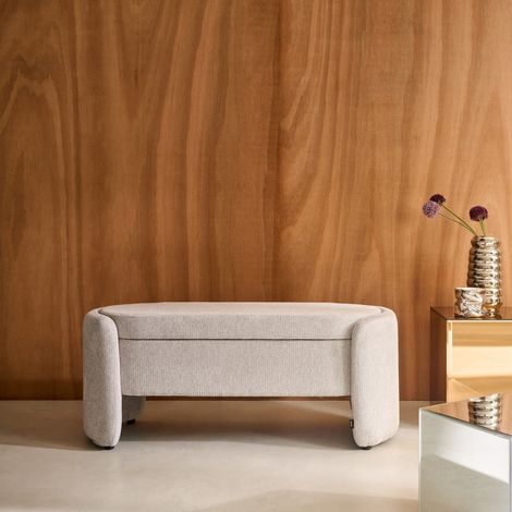 Banc coffre. bout de lit contemporain tissu gris clair. L 110 x P 42 x H 45cm - Kalo