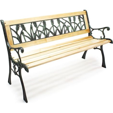 Banc de jardin en bois et fonte de fer avec dossier à motif tulipe double grille (1/5)