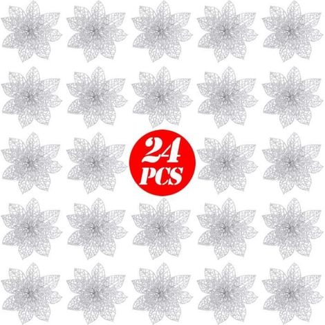 Fleurs Artificielles - Poinsettia - 24 pcs - Argent - Paillette - Décoration Noël (1/4)