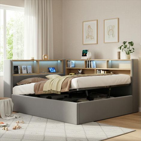 Lit gigogne 140x200 cm, coffre de rangement hydraulique, banquette-lit matelassée, sommier tapissier avec LED, port USB et tête de lit, tissu velours gris, 2 places (1/5)