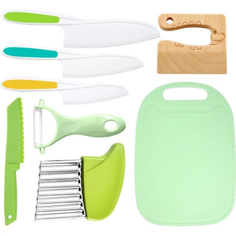 Dieses Set aus 8 kindersicheren Messern besteht aus Kunststoff und Edelstahl und ist für Kinder geeignet.
