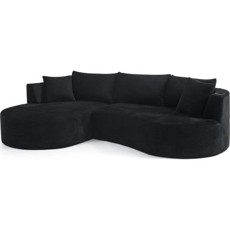 3-Sitzer Ecksofa aus schwarzem Cordvelours mit Becherhaltern und Kissen, MODENUIT (1/5)