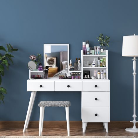 Toalet Lusia, tocador con espejo incluido, 4 cajones, con patas, 125x40x94h cm blanco (1/5)