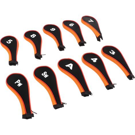 Ensemble de 10 Housses de Protection pour Fers de Golf avec Fermeture Éclair - Noir et Orange