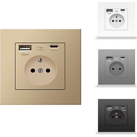 Prise murale française avec ports USB et Type-C, Prise de courant encastrable – Double prise avec chargeur rapide – Protection anti-surchauffe – Idéale pour bureau à domicile, chambre, salon (1/5)