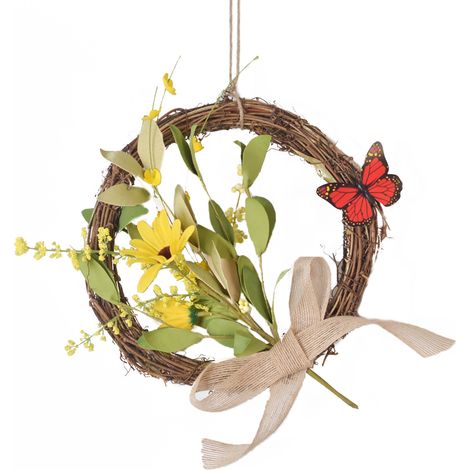 Couronne En Vanner Artisanale DIY Décoration Murale Pour Mariage Salle De Séjour Fête, Fleurs EVA Marguerite Et Statice Jaune Avec Papillons Amovibles Diamètre Extérieur 28cm -KZQ (1/2)