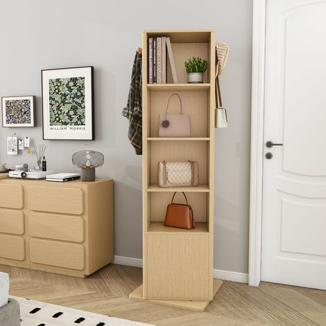 Armoire miroir pivotante 4-en-1, porte-bijoux, étagère et crochets. Meuble compact en MDF finition chêne, gain de place pour chambre. (1/5)