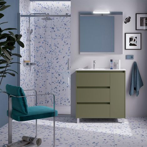 Ensemble complet Noja 850 3 tiroirs et 1 porte droite Vert satiné + meuble-lavabo + miroir + lampe (1/3)