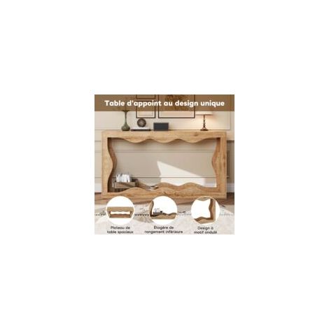 Console effet bois naturel – Longueur 160 cm, bord ondulé, console étroite 2 niveaux avec étagère ouverte, pour salon, couloir et entrée – Design fluide et naturel (1/5)