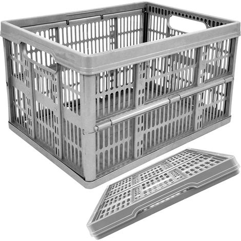 3 x Grey 32L Plastic Folding Veg Crate Boxes With Handles Collapsible, Foldable & Stackable