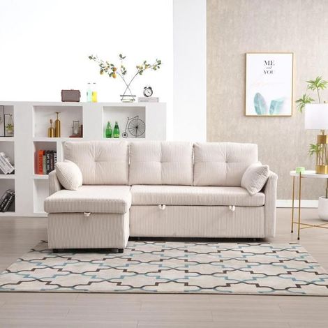 Canapé - KOMHTOM - 206x108x88 cm - Convertible - Velours côtelé - Méridienne réversible (1/5)