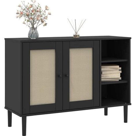 Buffet Bas de Cuisine en Bois Massif Pin, Meuble Rangement avec Portes Cannage Noir Style Bohème, 112x40x80 cm, pour Salon Salle à Manger Entrée (1/5)