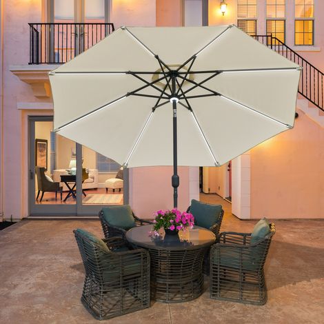 Gartenschirm Ø 270 x H 245 cm mit Kurbelöffnung und Neigefunktion, LED-Beleuchtung und Solarpanel, Cremeweiß
