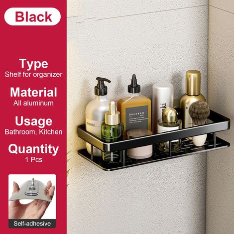 (Noir) Étagère de salle de bain sans perçage, fixation murale, porte-bouteilles de shampoing, étagère d'angle de douche, étagère de rangement pour toilettes, accessoires de salle de bain et de cuisine (1/5)