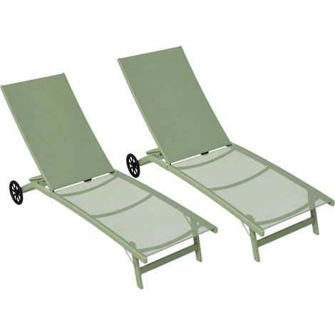 Set aus 2 Sonnenliegen aus Aluminium und Textilene mit Rollen, verstellbarer Rückenlehne, max. Belastbarkeit 150 kg, dunkelgrün