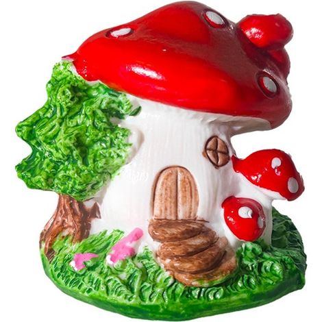 Pilzhaus aus rotem und weißem Kunstharz – Märchenhafte Aquariendekoration mit natürlichem Sockel, für kleine bis mittelgroße Aquarien (1/3)