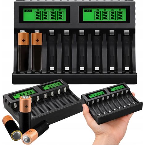 Chargeur intelligent pour piles AAA et AA rechargeables, 8 emplacements, écran LCD, USB