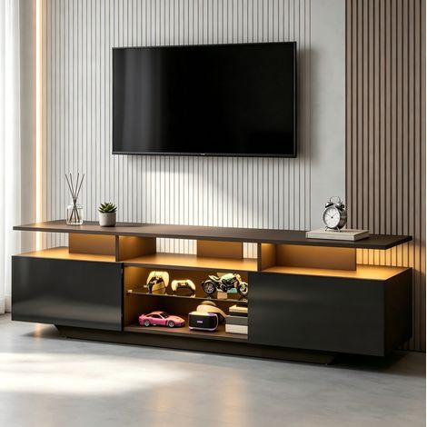 Mueble para TV de 160 x 40 x 45 cm con iluminación LED controlada por aplicación, 2 puertas, 8 compartimentos de almacenamiento, MDF negro. (1/5)