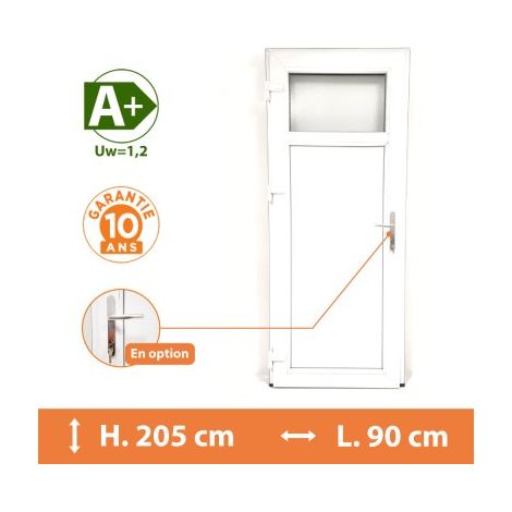 Direct Fenêtres – Porte de service PVC 1/4 vitrée – Blanc RAL 9016 – Tirant gauche – H.205 x l.90 cm – Isolation thermique optimale A