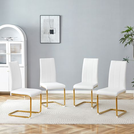 Chaise blanche en cuir PU, cadre métallique robuste à aspect doré – Chaise élégante pour salle à manger et salon transportable