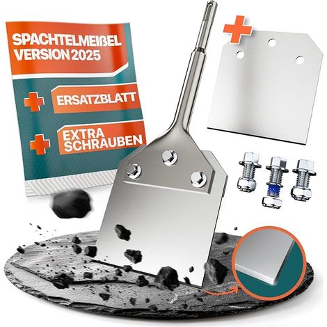 Burin plat à mastic SDS Plus - burin avec lame de rechange et vis - décolleur de colle à carrelage - décapage de tapis, peinture, sol et PVC. (1/3)