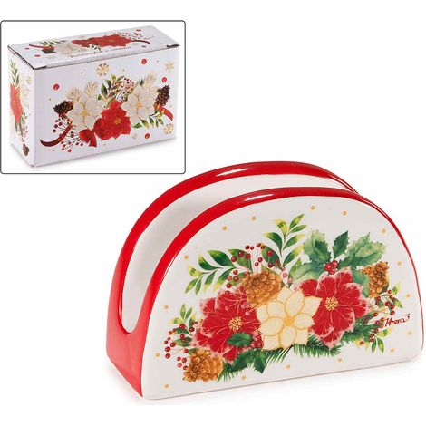 Ronds de serviette de Noël en céramique colorée imprimé à thème, en boîte cadeau, lot de 8, 11,5 x 4,5 x H. 7 cm