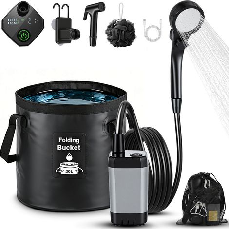 Randaco Doccia da campeggio, doccia portatile 6000 mAh con secchio pieghevole da 20L e doccetta, doccia esterna per giardino, campeggio, animali e spiaggia
