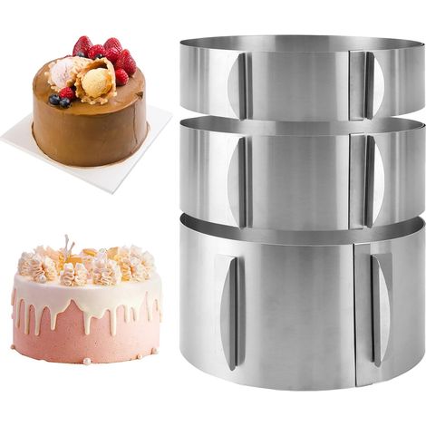 Set of 3 Adjustable Pastry Circles Diameter 16 - 30 cm - Round Stainless Steel Cake Moulds Height 6/8/10 cm - Dessert Circle with Measuring Scale for Mousse, Sponge Cake and Pie (1/5)