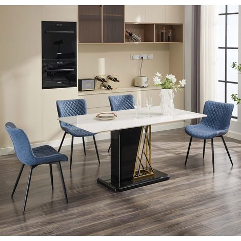 Lot de 2 Chaises de Salle à Manger Modernes en Similicuir PU, Assise Rembourrée, Dossier Ergonomique, Pieds Métal Noir, Bleu (1/5)