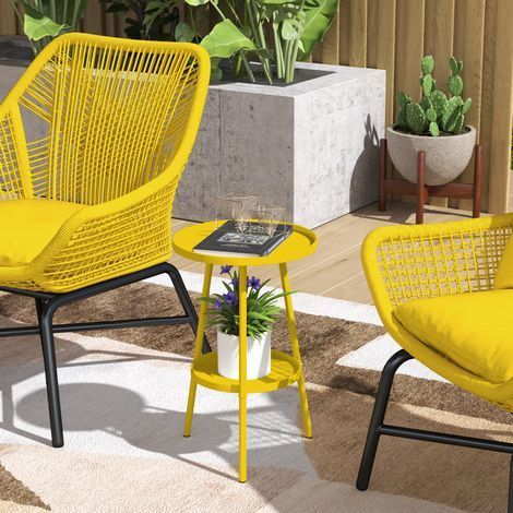 Table ronde à 2 niveaux, table d'appoint de jardin en métal, pour terrasse, salon, balcon, Ø 32 x 51 cm, jaune (1/5)