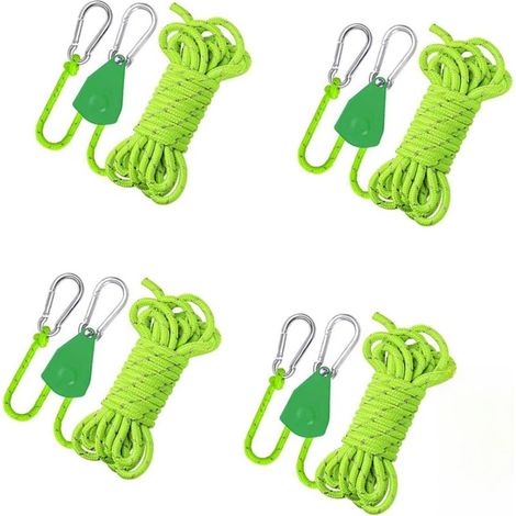 Lot de 4 cordes de camping réglables de 4 m avec cliquet, suspension à cliquet réglable, cordes de haubans réfléchissantes, coupe-vent, pour extérieur, camping, voile d'ombrage (vert) (1/5)
