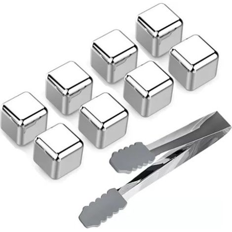 8 Pièces Cubes de Glace en Métal Inox 304 avec Pince à Glace, Pierres à Whisky pour Refroidir Whisky et Boissons (1/5)
