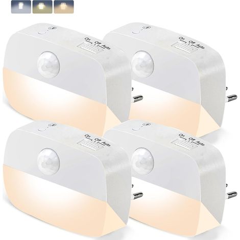 Ensemble de 4 veilleuses avec détecteur de mouvement, veilleuse avec douille LED, 3 couleurs, intensité variable, 3 modes (marche/arrêt), éclairage automatique pour chambre d'enfant, couloir, escalier (1/5)