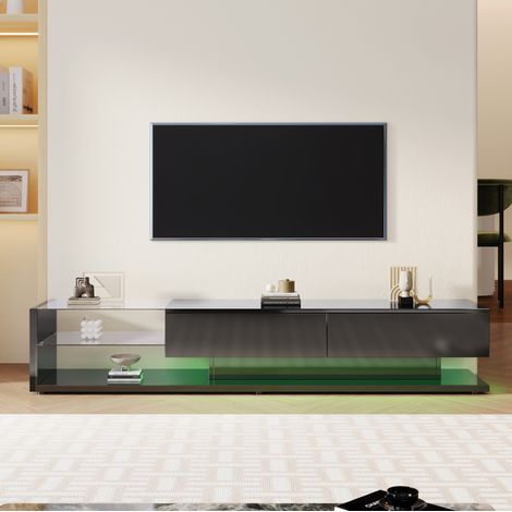 Meuble TV 170x36x38 cm noir en panneau de particules brillant avec LED et rangements (1/5)