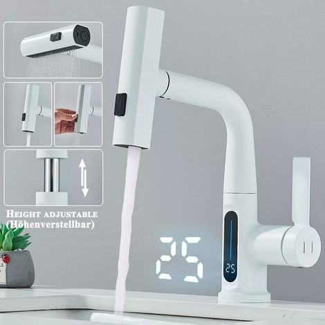 Robinet de Lavabo Douchette Extensible avec cascade Blanc, Digital Affichage de la Température LED, Robinetterie de salle bain Rotatif à 360°, 3 Modes Mitigeur d'Évier pour Lavabo Bains, Hauteur Régla (1/5)