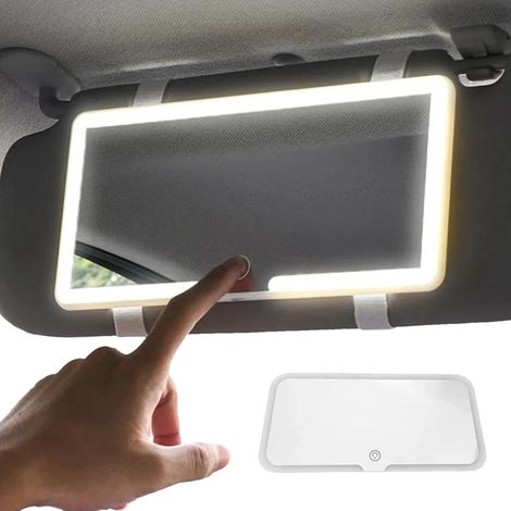 Miroir de maquillage pour pare-soleil de voiture avec éclairage LED, rechargeable par USB, commande tactile à 3 niveaux de luminosité, idéal pour les voyages (femmes), blanc, 24,5 x 12 cm (1/5)