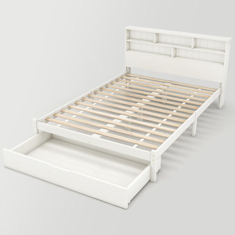 GagaLit double blanc 140x200cm en bois massif avec tiroirs et étagère (1/5)