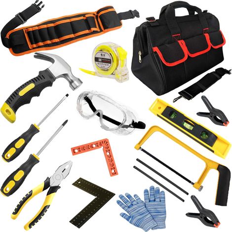 Sets d'Outils pour Enfants Débutants, Caisse a Outil Enfant, Outils à Main de Construction Bricolage, avec Sac, Ceinture Porte Outil, Marteau et Scie, Cadeaux pour garçons (1/5)