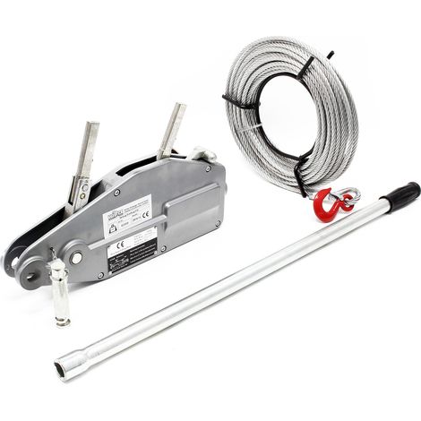 Wiltec – Treuil à câble manuel 800 kg – Câble acier 20 m x 8,3 mm – Goupille de sécurité et crochet – Pour halage et levage en extérieur