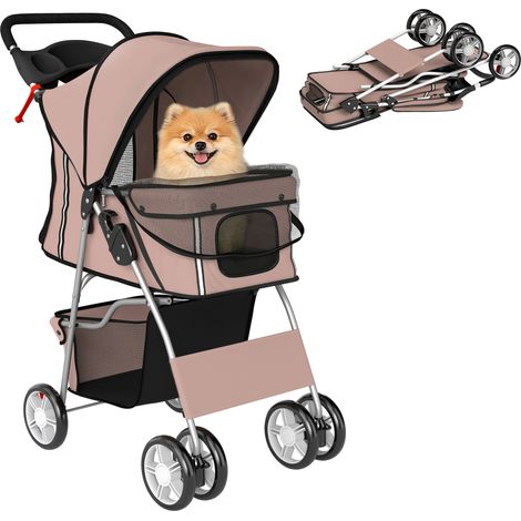 Poussette pliable pour chien avec roues pivotantes, freins, coussin lavable et bandes réfléchissantes - Marron café