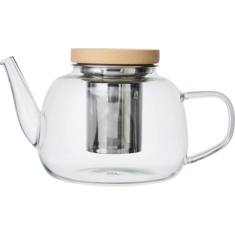 Théière en Verre à Couvercle en Bois Élégant, 4 Tasses en Verre Borosilicate Anti-Goutte, Filtre Amovible en Acier Inoxydable, Résiste à la Chaleur et aux Chocs Thermiques, 1,2 L (1/5)