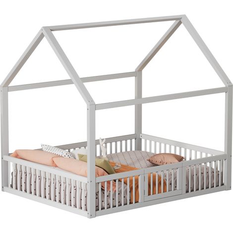 Lit cabane enfant 140 x 200 cm en bois blanc, avec barrières de sécurité, petite porte et sommier à lattes, style maison pour chambre d'enfant  CHICFURN (1/5)