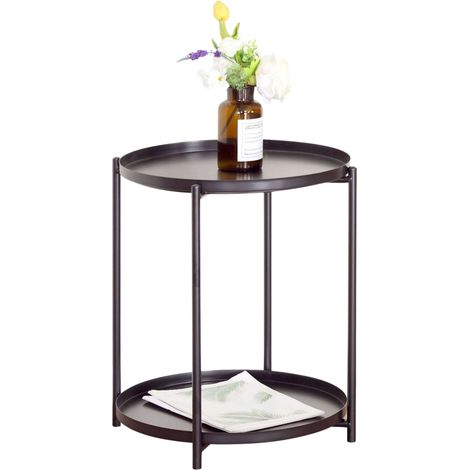 Mesa de Centro, Mesa Auxiliar Fija Lack Salón Comedor Redonda, 2 Bandejas, Metal y Acero Negro 42x52x42 cm