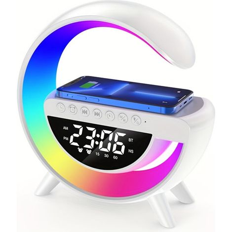 Lampe de chevet LED ACKERMAN avec charge sans fil 15 W, haut-parleur Bluetooth, lumière d'ambiance réglable, veilleuse et réveil lumineux (1/5)