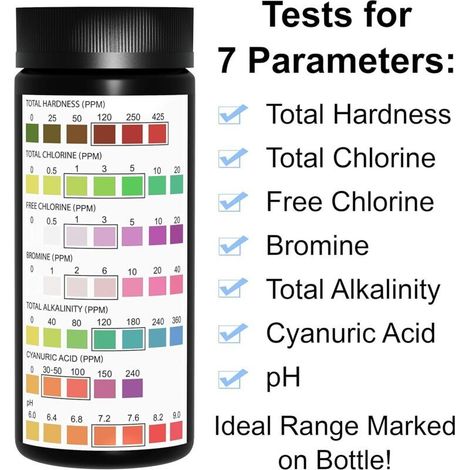 Bandelettes de test pour piscine et spa – Paquet de 100 bandelettes, test du pH, du chlore, du brome, de la dureté et plus encore, test précis de l'eau de piscine 7 en 1 (1/5)