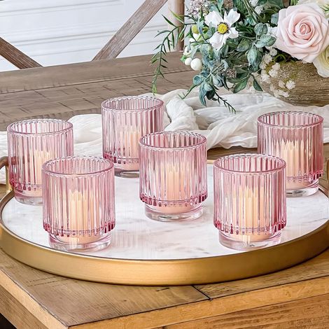 Lot de 6 photophores Vintage en Verre côtelé Rose pâle - Décoration bohème, décoration d'étagère, Aspect Or Rose pour hôtesse (1/5)